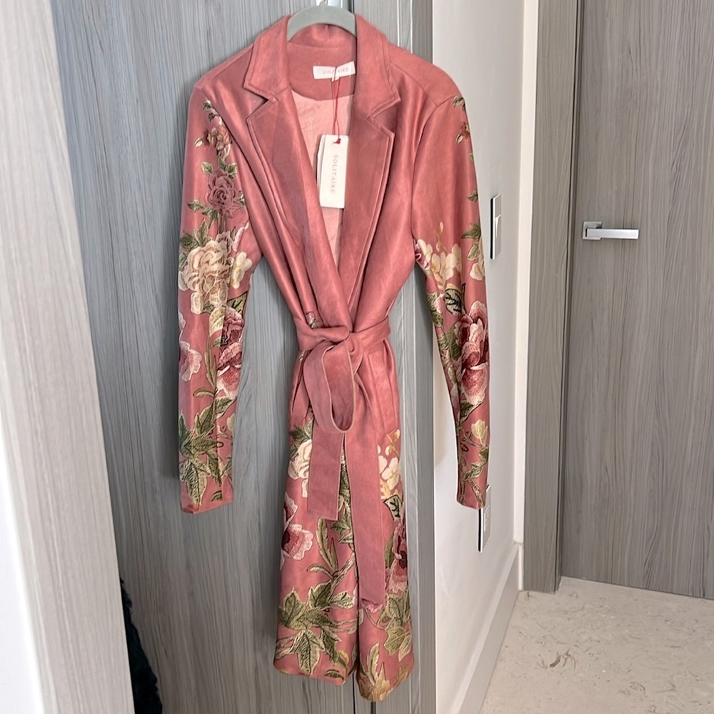 Anthropologie Pink Floral Suede Belted Trench Coat